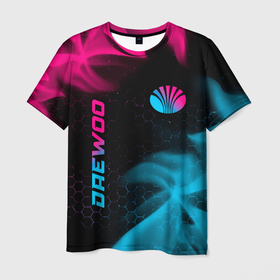 Мужская футболка 3D с принтом Daewoo   neon gradient: надпись, символ в Курске, 100% полиэфир | прямой крой, круглый вырез горловины, длина до линии бедер | Тематика изображения на принте: 