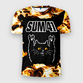 Мужская футболка 3D Slim с принтом Sum41 рок кот и огонь , 100% полиэстер с улучшенными характеристиками | приталенный силуэт, круглая горловина, широкие плечи, сужается к линии бедра | 