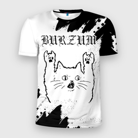 Мужская футболка 3D Slim с принтом Burzum рок кот на светлом фоне в Новосибирске, 100% полиэстер с улучшенными характеристиками | приталенный силуэт, круглая горловина, широкие плечи, сужается к линии бедра | 