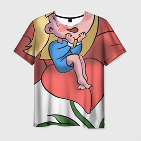 Мужская футболка 3D с принтом Дюймовочка и цветок в Тюмени, 100% полиэфир | прямой крой, круглый вырез горловины, длина до линии бедер | Тематика изображения на принте: 