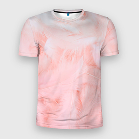 Мужская футболка 3D Slim с принтом Aesthetic visual art pink feathers в Курске, 100% полиэстер с улучшенными характеристиками | приталенный силуэт, круглая горловина, широкие плечи, сужается к линии бедра | 