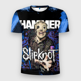 Мужская футболка 3D Slim с принтом Slipknot hammer blue в Санкт-Петербурге, 100% полиэстер с улучшенными характеристиками | приталенный силуэт, круглая горловина, широкие плечи, сужается к линии бедра | 
