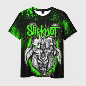 Мужская футболка 3D с принтом Slipknot зеленый козел в Рязани, 100% полиэфир | прямой крой, круглый вырез горловины, длина до линии бедер | 