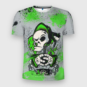 Мужская футболка 3D Slim с принтом Slipknot скелет green в Кировске, 100% полиэстер с улучшенными характеристиками | приталенный силуэт, круглая горловина, широкие плечи, сужается к линии бедра | 