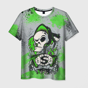 Мужская футболка 3D с принтом Slipknot скелет green в Кировске, 100% полиэфир | прямой крой, круглый вырез горловины, длина до линии бедер | 
