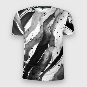 Мужская футболка 3D Slim с принтом Черные акварельные разводы в Санкт-Петербурге, 100% полиэстер с улучшенными характеристиками | приталенный силуэт, круглая горловина, широкие плечи, сужается к линии бедра | 