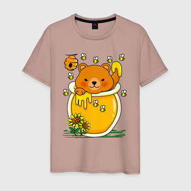 Мужская футболка хлопок с принтом Медвежонок в баночке меда в Белгороде, 100% хлопок | прямой крой, круглый вырез горловины, длина до линии бедер, слегка спущенное плечо. | 