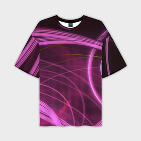 Мужская футболка OVERSIZE 3D с принтом Абстрактные неоновые розовые линии во тьме в Санкт-Петербурге,  |  | 