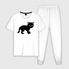 Мужская пижама хлопок с принтом Чёрный котик в Белгороде, 100% хлопок | брюки и футболка прямого кроя, без карманов, на брюках мягкая резинка на поясе и по низу штанин
 | Тематика изображения на принте: 