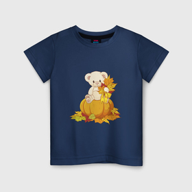 Детская футболка хлопок с принтом Мишка на тыкве в Тюмени, 100% хлопок | круглый вырез горловины, полуприлегающий силуэт, длина до линии бедер | Тематика изображения на принте: 