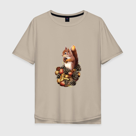 Мужская футболка хлопок Oversize с принтом Белочка с орешками в Курске, 100% хлопок | свободный крой, круглый ворот, “спинка” длиннее передней части | Тематика изображения на принте: 
