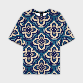 Мужская футболка OVERSIZE 3D с принтом Абстрактный синий паттерн с цветами в Тюмени,  |  | 