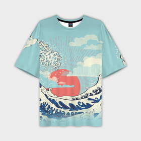 Мужская футболка OVERSIZE 3D с принтом Морской пейзаж с большими волнами на закате в Белгороде,  |  | Тематика изображения на принте: 
