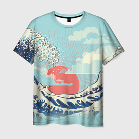Мужская футболка 3D с принтом Морской пейзаж с большими волнами на закате в Белгороде, 100% полиэфир | прямой крой, круглый вырез горловины, длина до линии бедер | 