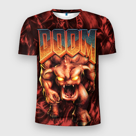 Мужская футболка 3D Slim с принтом DOS DOOM   Bull demon в Курске, 100% полиэстер с улучшенными характеристиками | приталенный силуэт, круглая горловина, широкие плечи, сужается к линии бедра | 