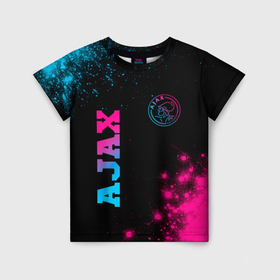 Детская футболка 3D с принтом Ajax   neon gradient: надпись, символ в Петрозаводске, 100% гипоаллергенный полиэфир | прямой крой, круглый вырез горловины, длина до линии бедер, чуть спущенное плечо, ткань немного тянется | 