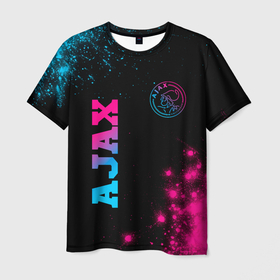 Мужская футболка 3D с принтом Ajax   neon gradient: надпись, символ в Петрозаводске, 100% полиэфир | прямой крой, круглый вырез горловины, длина до линии бедер | 