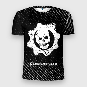 Мужская футболка 3D Slim с принтом Gears of War с потертостями на темном фоне в Екатеринбурге, 100% полиэстер с улучшенными характеристиками | приталенный силуэт, круглая горловина, широкие плечи, сужается к линии бедра | 