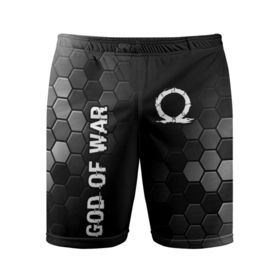 Мужские шорты спортивные с принтом God of War glitch на темном фоне: надпись, символ в Курске,  |  | Тематика изображения на принте: 