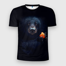 Мужская футболка 3D Slim с принтом Медведь с морковкой в Белгороде, 100% полиэстер с улучшенными характеристиками | приталенный силуэт, круглая горловина, широкие плечи, сужается к линии бедра | 