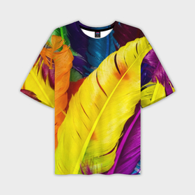 Мужская футболка OVERSIZE 3D с принтом Разноцветные перья птиц в Тюмени,  |  | 