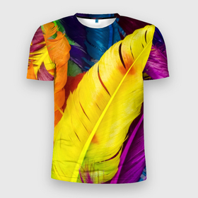 Мужская футболка 3D Slim с принтом Разноцветные перья птиц в Тюмени, 100% полиэстер с улучшенными характеристиками | приталенный силуэт, круглая горловина, широкие плечи, сужается к линии бедра | 