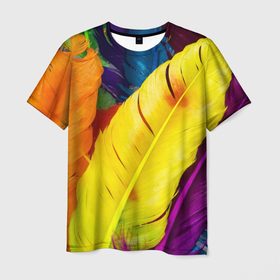Мужская футболка 3D с принтом Разноцветные перья птиц в Тюмени, 100% полиэфир | прямой крой, круглый вырез горловины, длина до линии бедер | 