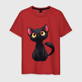 Мужская футболка хлопок с принтом Чёрный котёнок в Екатеринбурге, 100% хлопок | прямой крой, круглый вырез горловины, длина до линии бедер, слегка спущенное плечо. | 