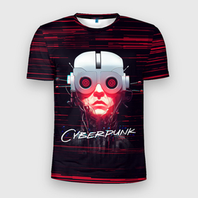 Мужская футболка 3D Slim с принтом Cyberpunk cyborg в Новосибирске, 100% полиэстер с улучшенными характеристиками | приталенный силуэт, круглая горловина, широкие плечи, сужается к линии бедра | 