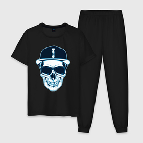 Мужская пижама хлопок с принтом Череп в бейсболке Hip Hop в Тюмени, 100% хлопок | брюки и футболка прямого кроя, без карманов, на брюках мягкая резинка на поясе и по низу штанин
 | 