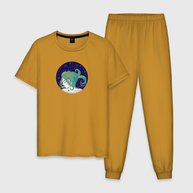 Мужская пижама хлопок с принтом Девушка знак зодиака Рыбы с зелеными волосами в Белгороде, 100% хлопок | брюки и футболка прямого кроя, без карманов, на брюках мягкая резинка на поясе и по низу штанин
 | 