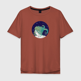Мужская футболка хлопок Oversize с принтом Девушка знак зодиака Рыбы с зелеными волосами в Екатеринбурге, 100% хлопок | свободный крой, круглый ворот, “спинка” длиннее передней части | 