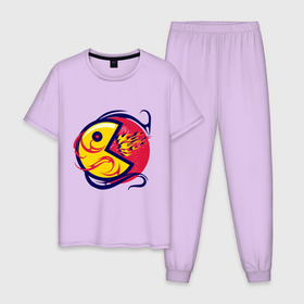 Мужская пижама хлопок с принтом Pacman из ретро игры извергает пламя в Петрозаводске, 100% хлопок | брюки и футболка прямого кроя, без карманов, на брюках мягкая резинка на поясе и по низу штанин
 | Тематика изображения на принте: 