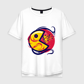 Мужская футболка хлопок Oversize с принтом Pacman из ретро игры извергает пламя в Петрозаводске, 100% хлопок | свободный крой, круглый ворот, “спинка” длиннее передней части | Тематика изображения на принте: 