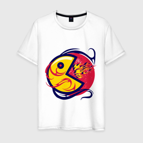 Мужская футболка хлопок с принтом Pacman из ретро игры извергает пламя в Петрозаводске, 100% хлопок | прямой крой, круглый вырез горловины, длина до линии бедер, слегка спущенное плечо. | Тематика изображения на принте: 