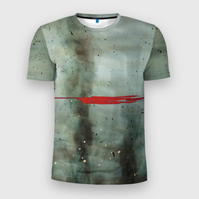 Мужская футболка 3D Slim с принтом Тёмно зелёный абстрактный туман и красные краски в Петрозаводске, 100% полиэстер с улучшенными характеристиками | приталенный силуэт, круглая горловина, широкие плечи, сужается к линии бедра | 