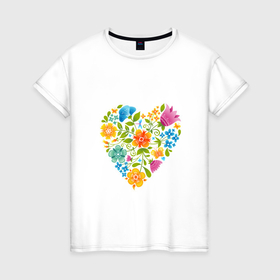 Женская футболка хлопок с принтом Цветочный орнамент в форме сердца Любовь , 100% хлопок | прямой крой, круглый вырез горловины, длина до линии бедер, слегка спущенное плечо | 