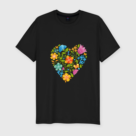 Мужская футболка хлопок Slim с принтом Цветочный орнамент в форме сердца Любовь в Петрозаводске, 92% хлопок, 8% лайкра | приталенный силуэт, круглый вырез ворота, длина до линии бедра, короткий рукав | Тематика изображения на принте: 