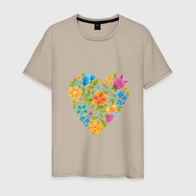 Мужская футболка хлопок с принтом Цветочный орнамент в форме сердца Любовь в Петрозаводске, 100% хлопок | прямой крой, круглый вырез горловины, длина до линии бедер, слегка спущенное плечо. | 