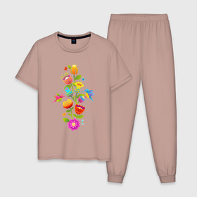 Мужская пижама хлопок с принтом Тропические цветы и колибри в Тюмени, 100% хлопок | брюки и футболка прямого кроя, без карманов, на брюках мягкая резинка на поясе и по низу штанин
 | 