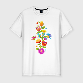 Мужская футболка хлопок Slim с принтом Тропические цветы и колибри в Тюмени, 92% хлопок, 8% лайкра | приталенный силуэт, круглый вырез ворота, длина до линии бедра, короткий рукав | 
