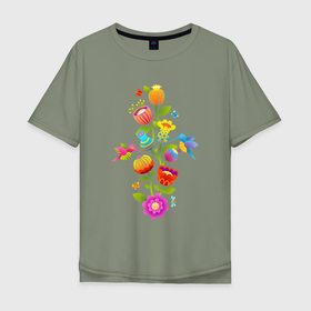 Мужская футболка хлопок Oversize с принтом Тропические цветы и колибри , 100% хлопок | свободный крой, круглый ворот, “спинка” длиннее передней части | 