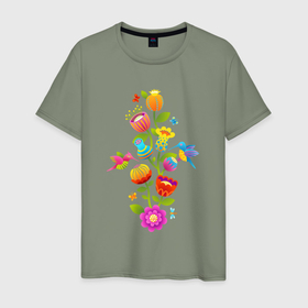 Мужская футболка хлопок с принтом Тропические цветы и колибри в Тюмени, 100% хлопок | прямой крой, круглый вырез горловины, длина до линии бедер, слегка спущенное плечо. | 