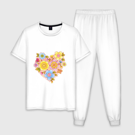 Мужская пижама хлопок с принтом Орнамент цветочный в форме сердца Любовь в Петрозаводске, 100% хлопок | брюки и футболка прямого кроя, без карманов, на брюках мягкая резинка на поясе и по низу штанин
 | 
