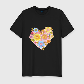 Мужская футболка хлопок Slim с принтом Орнамент цветочный в форме сердца Любовь в Петрозаводске, 92% хлопок, 8% лайкра | приталенный силуэт, круглый вырез ворота, длина до линии бедра, короткий рукав | 