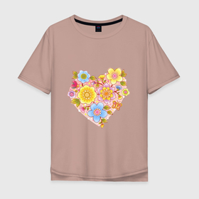 Мужская футболка хлопок Oversize с принтом Орнамент цветочный в форме сердца Любовь в Петрозаводске, 100% хлопок | свободный крой, круглый ворот, “спинка” длиннее передней части | 