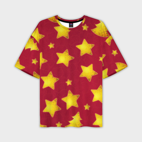 Мужская футболка OVERSIZE 3D с принтом Золотые звезды и елки на красном в Тюмени,  |  | Тематика изображения на принте: 