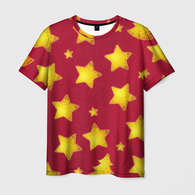 Мужская футболка 3D с принтом Золотые звезды и елки на красном , 100% полиэфир | прямой крой, круглый вырез горловины, длина до линии бедер | 