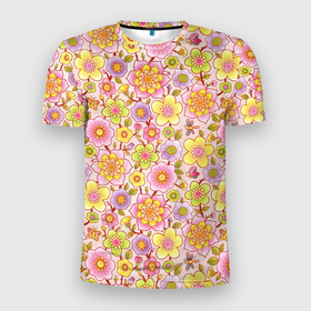 Мужская футболка 3D Slim с принтом Цветы бабочки и стрекозы на розовом в Екатеринбурге, 100% полиэстер с улучшенными характеристиками | приталенный силуэт, круглая горловина, широкие плечи, сужается к линии бедра | 