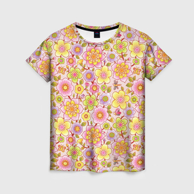 Женская футболка 3D с принтом Цветы бабочки и стрекозы на розовом в Кировске, 100% полиэфир ( синтетическое хлопкоподобное полотно) | прямой крой, круглый вырез горловины, длина до линии бедер | 